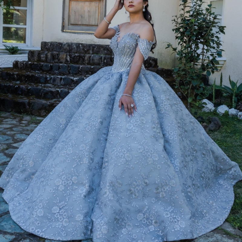 Blue Quinceanera Dresses Ball Gown Off The Shoulder Applique Lace Beading Tull Party Birthday Sweet 16 Dress Vestidos 15 Anos