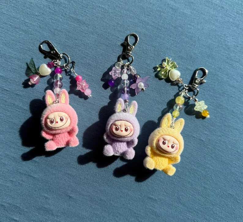 Labubu keychain Fuzzy Monsters cute keychain Pink Purple Yellow bag charm W250526