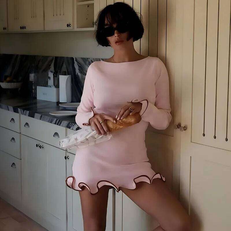 Women Dresses Elegant Round Neck Pleat Long Sleeve New Casual Slim Pink Sexy Black Mini Female Chic Party Street Dress