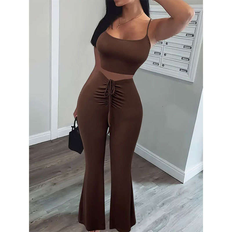 Women's Black Style Sexy Crop Top with Drawstring Front and Flared Pants Two-Piece Set