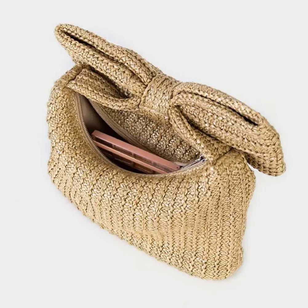 Bow Clutch Bag Bohemian Style Straw Bow Purse with Shape Clutch Foldable Handle Zipper Closure Handbag for Summer Beach Vacation W250527