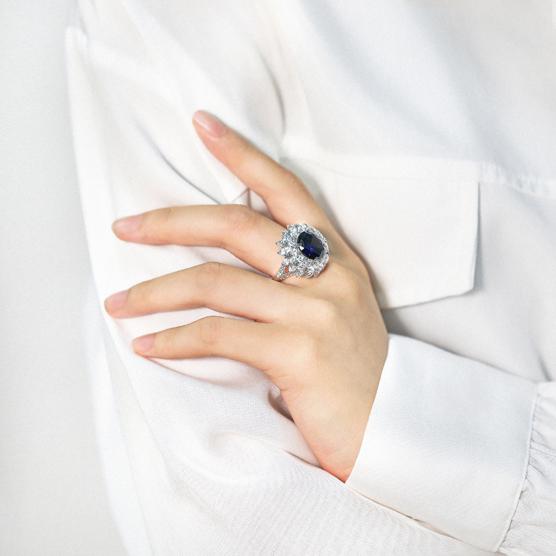 6CT 10*12 S925 sterling silver high carbon diamond cultivated sapphire Royal Blue ring finely elegant individualistic fashionable hotselling designer 