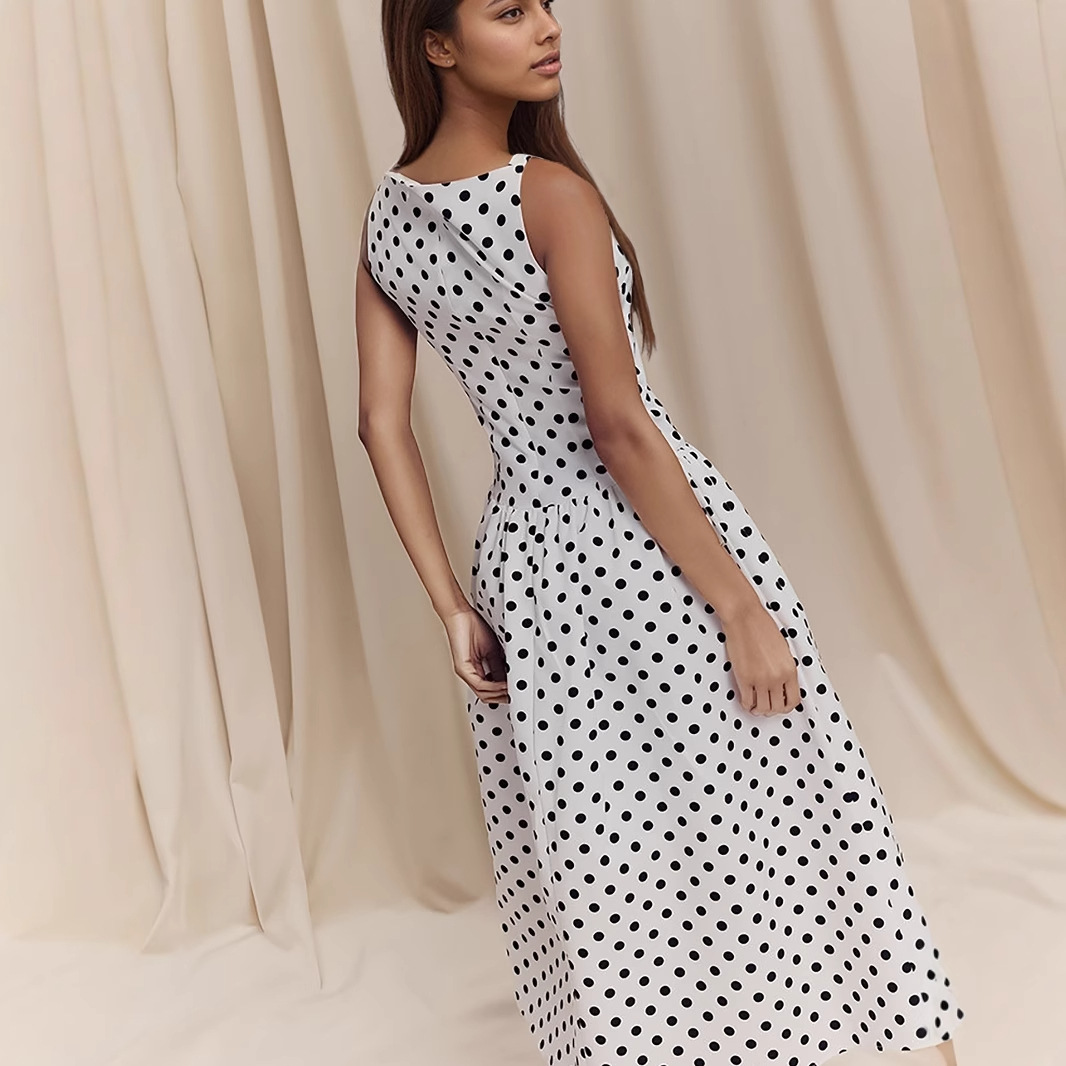 European style retro sleeveless polka dot long dress, elegant women's dress, spring and summer new styles