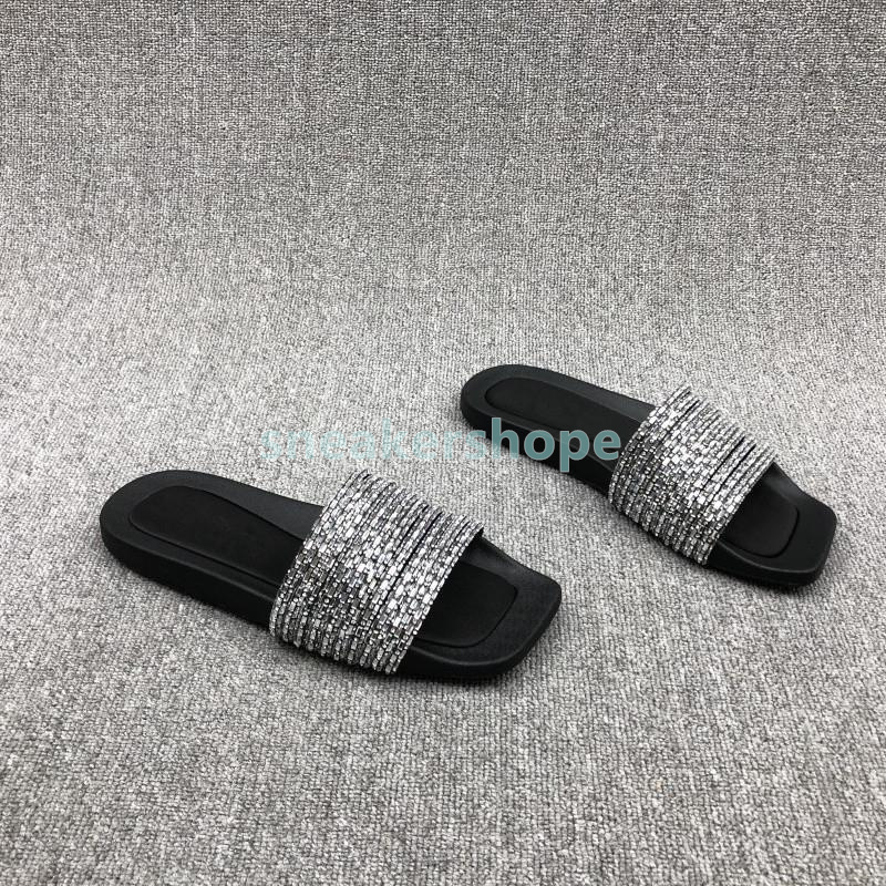 Designer Slides Bling Bling Crystal Slippers Womens Sliders Shiny Glitter Sandals Flats Heel Flip Flops Summer Rhinestone Beading Sandal