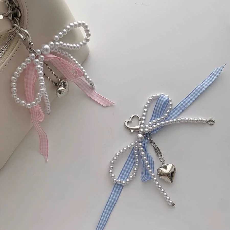 Y2K Lattice Ribbon Bowknot Pearls Bag Pendant Charm Heart Keychain Elegant Beaded Keyring Sweet Key Chain Phone Key Bag Hangings W250526