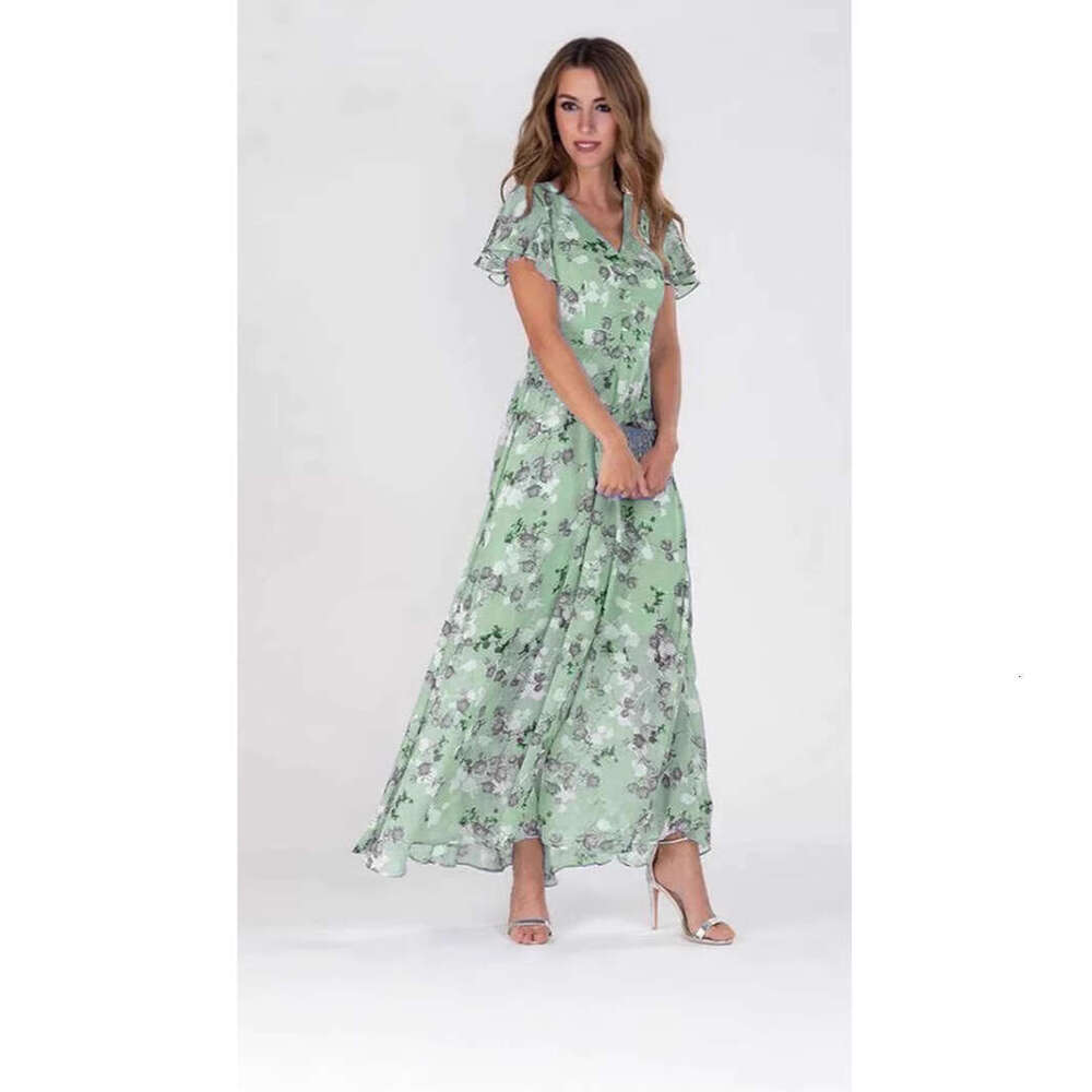 New Style Beach Long Chiffon Floral Short Sleeve Ruffle V-neck Fashion Waist-cinching Dress
