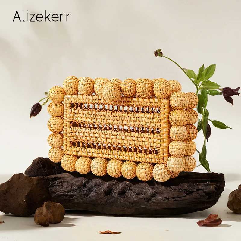 Alizekerr Beaded Hollow Out Rattan Bags Women Boutique Hand Woven Square Beach Wicker Clutch Purses And Handbags Summer Holiday W250527