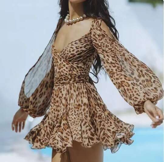 2025 Spring Women's Sexy Hot Girl Hollow Lantern Sleeve V-neck Off-shoulder Short Dress