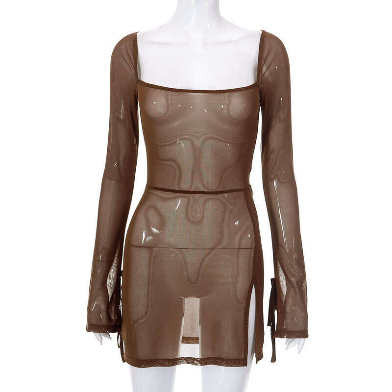 Q22DS564ins Style Women's Autumn New Square Neck Long Sleeve Slim Fit Bodycon Split French Dress