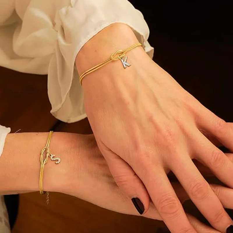 Letter A-Z Love Knot Bracelets for Women Couple 18K Gold Plated Dainty Snake Chain Charm Bracelet Stainless Steel Jewelry Gift W250526