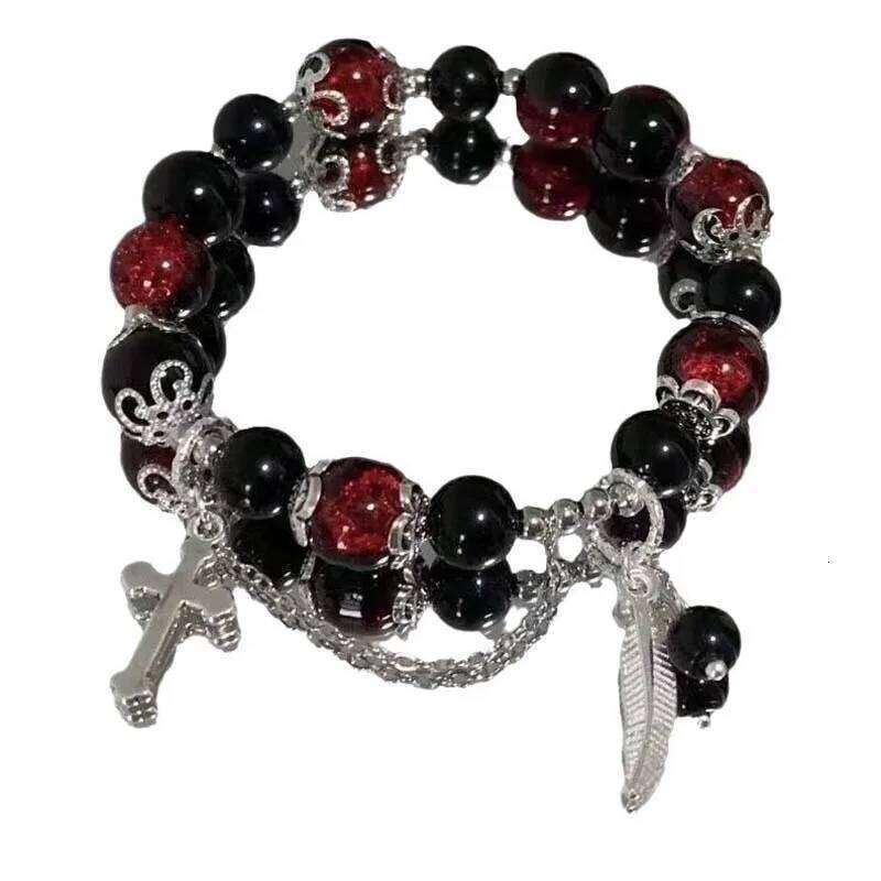 Chinese Style Red Crystal Feather Cross Pendant For Girls Women Vintage Elastic Beaded Chain Bracelet Jewelry Gifts designer bag