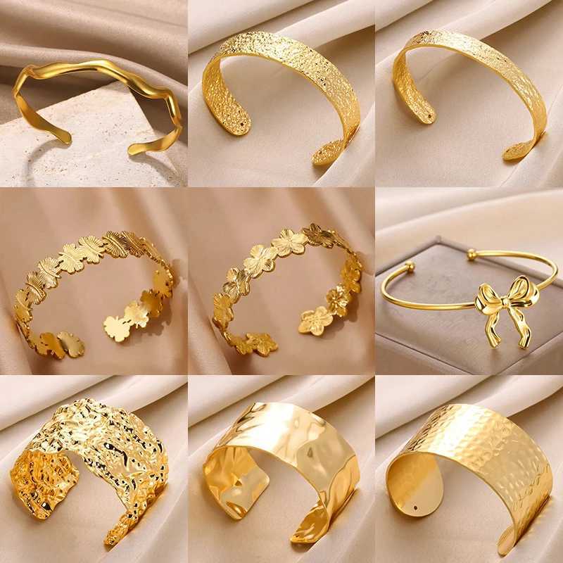 Vintage Flower Cuff Bracelet Bangle for Women Gold Color Flora Stainless Steel Bangles Casting Aesthetic Couple Wrist Jewelry W250526
