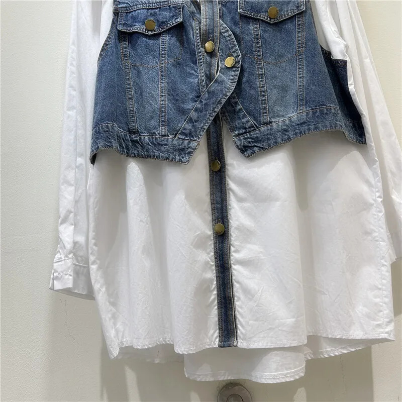 DEAT 2025 Spring Fashion Fake Two Piece Denim Patchwork Single Breasted Blouse For Women Lapel Trendy Shirts Female 29L9481 250523