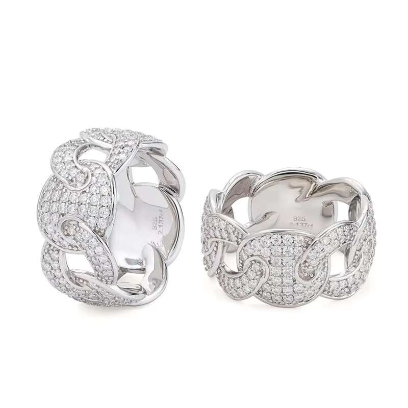 Fashion Hip Hop Moissanite Cuban Chain Ring Full of Inlaid Moissanite Electroplating Real Gold tide Mens Ring