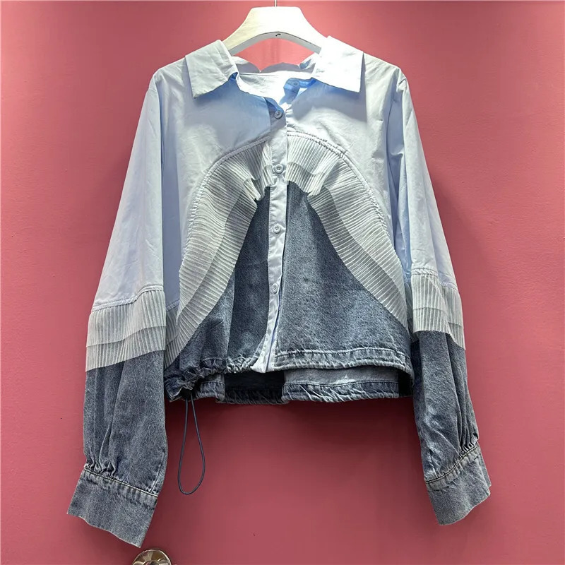 DEAT Womens Shirt Loose Patchwork Denim Drawstring Single Breasted Long Sleeve Casual Blouse Summer 2025 Fashion 29A760 250523