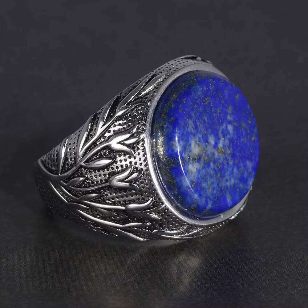 Genuine Solid Sterling Sier Men Natural Lapis Lazuli Tree Branches Engraved Turkish Finger Rings Man Ring
