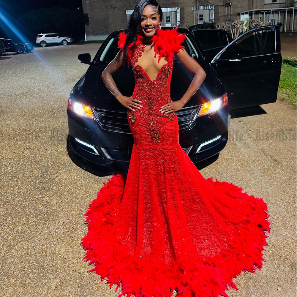Exquisite Red Prom Dresses Feathers Crystal Sequined Long Mermaid Gala Party Dress African Girls Evening Gowns 2025 Customized