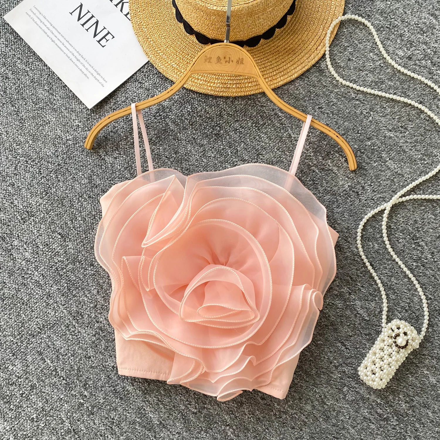 Summer Spaghetti Strap Mesh 3D Flowers Tank Top for Women Strapless Lace Skinny Camisoles Stretchy Back Camis Clothing 250523