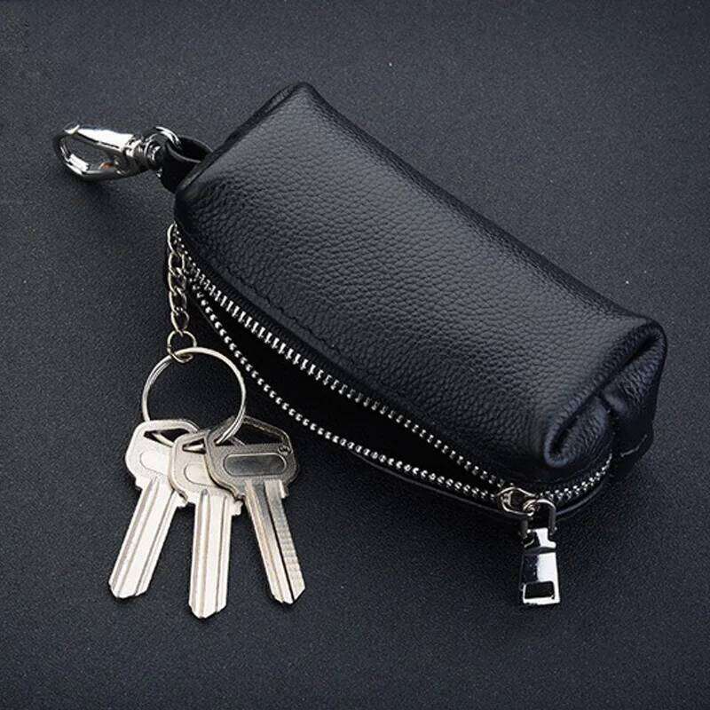 Genuine Holder - Unisex Car/House Key Organizer Pouch with Long Keychain, Cow Split Leather Wallet Case