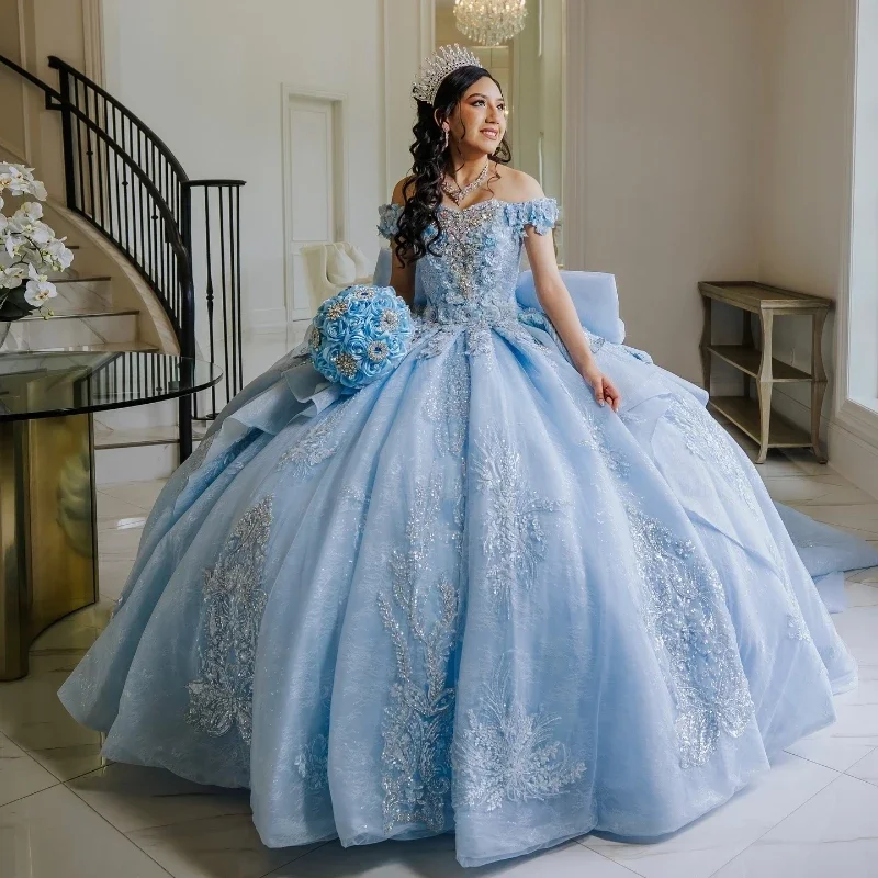Light Sky Bule Ball Gown Princess Quinceanera Dresses With Luxury Lace Appliques Corset Sweet 16 Dress Bow Back Vestidos De 15 Anos