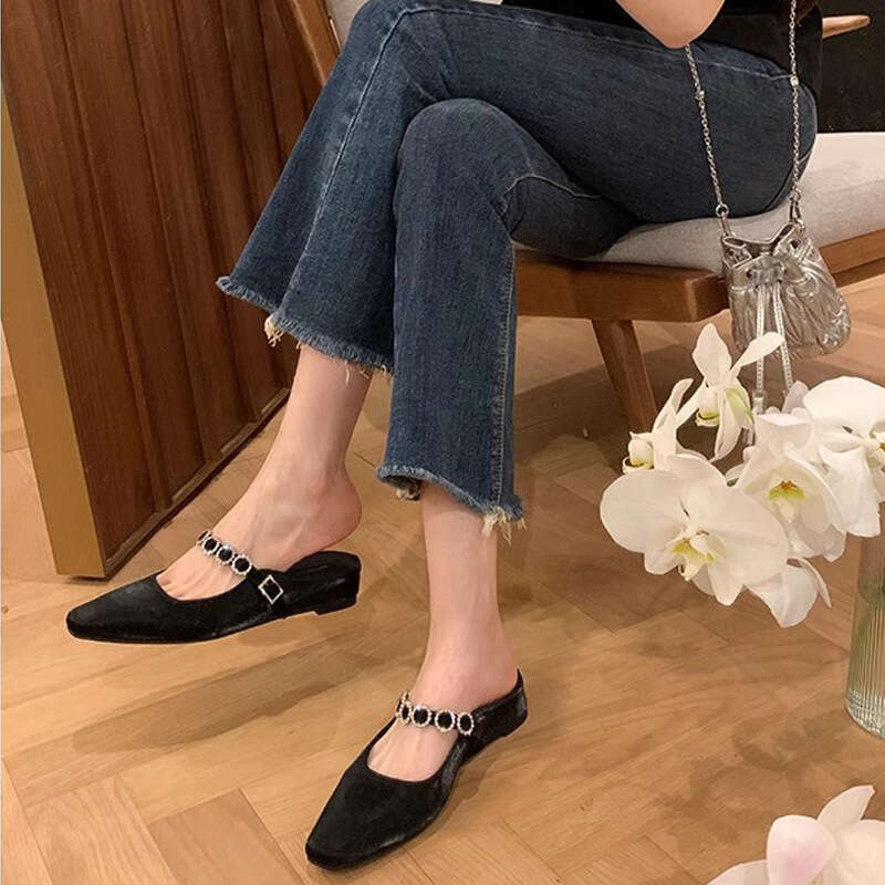 Grape Mom Summer New 4cm Hidden Heel French Square Toe Strap Shallow Mouth Versatile Mules for Women