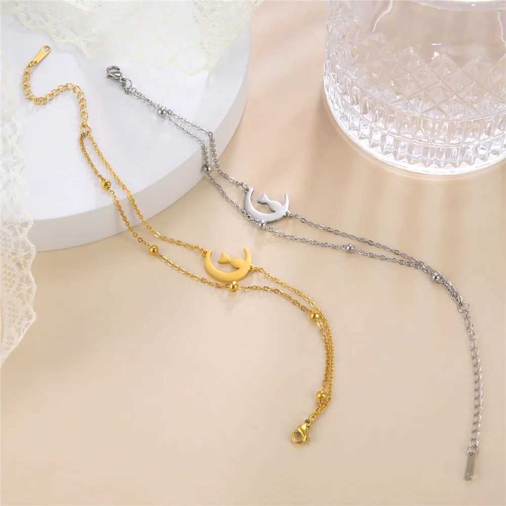 Skyrim Crescent Moon Cute Cat Bracelets for Women Stainless Steel Charm Bracelets Jewelry Mothers Day Gift Wholesale W250526