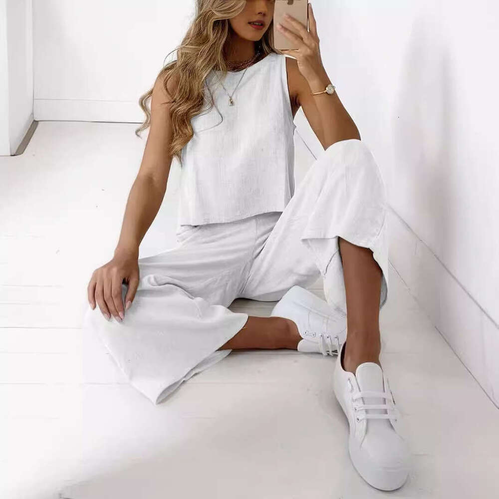 2025 New Cotton Linen Women's Summer Casual Sleeveless Top Wide-leg Pants Two-piece Set