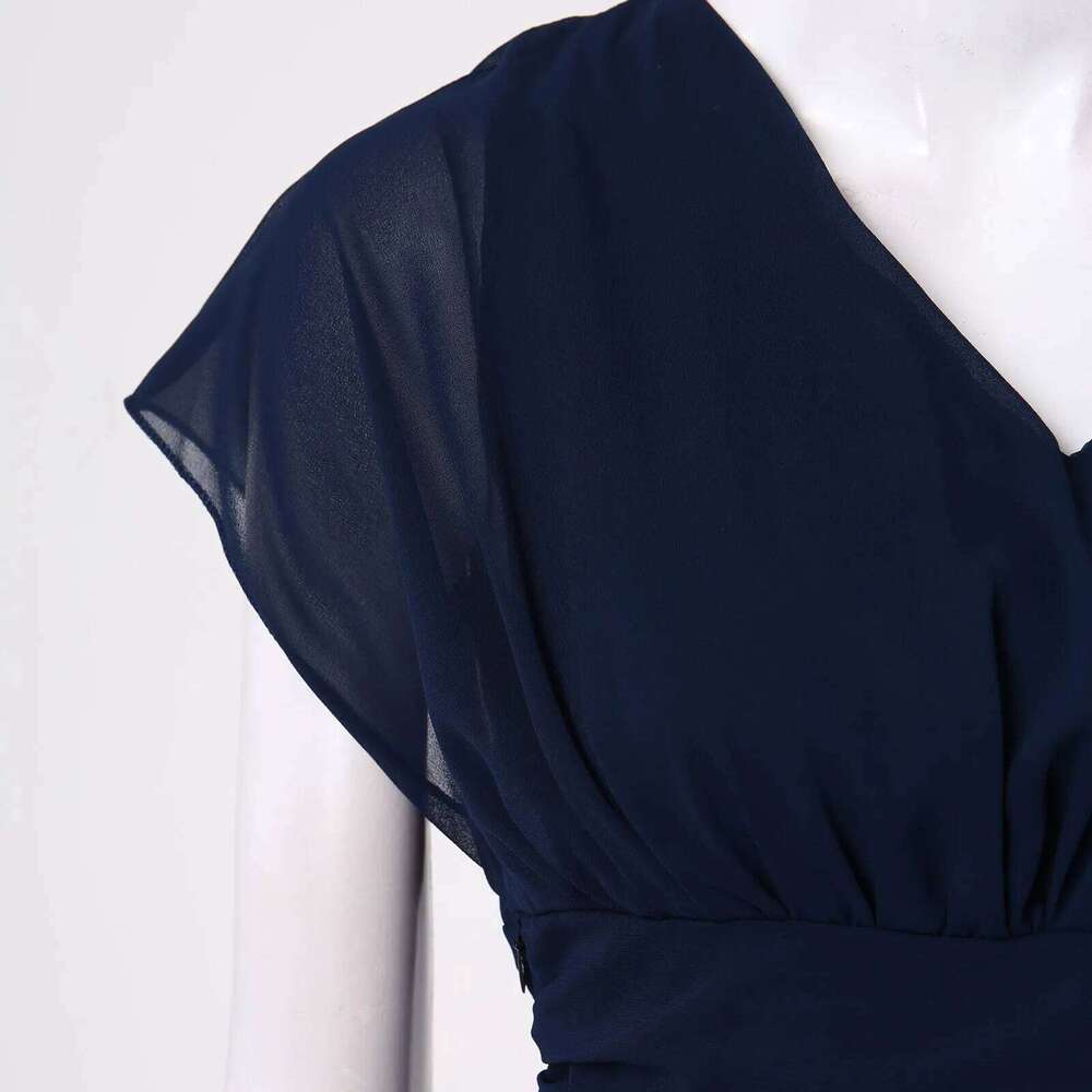 Elegant Women Chiffon Short Sleeve Long V-Neck High Waist A-Line Evening Party Tulle tail Formal Dress Vestidos