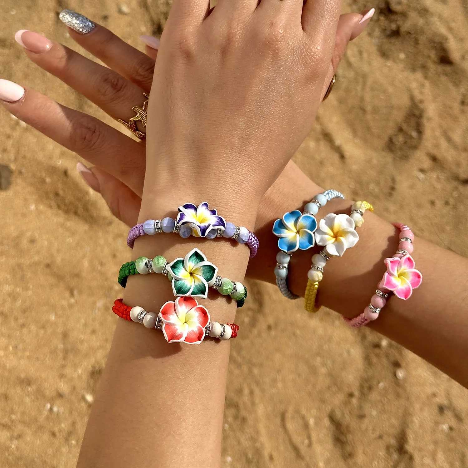 Bohemian Big Flower Charm Bracelets For Women Pink Red Blue Green Flowers Soft Clay Pottery Beaded Bangles Girls Party Jewelry W250526