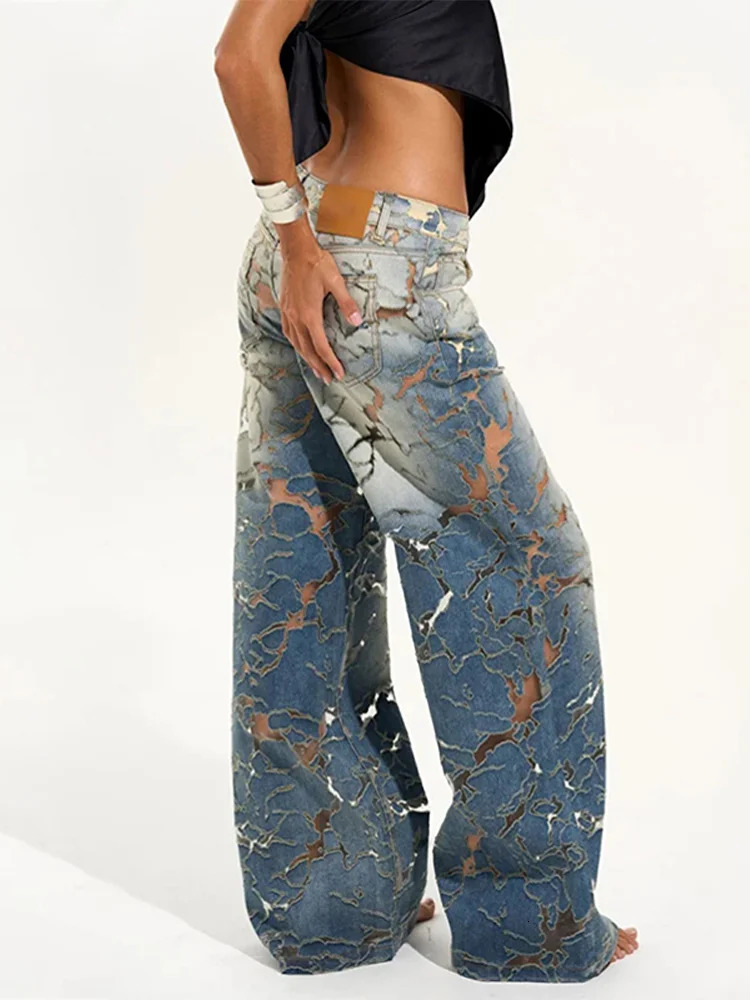 Womens Burnout and Cutout Denim Jeans Chic High Waist Wide Leg Baggy Y2K 2000s Streetwear Casual Lady Trousers 250516Z