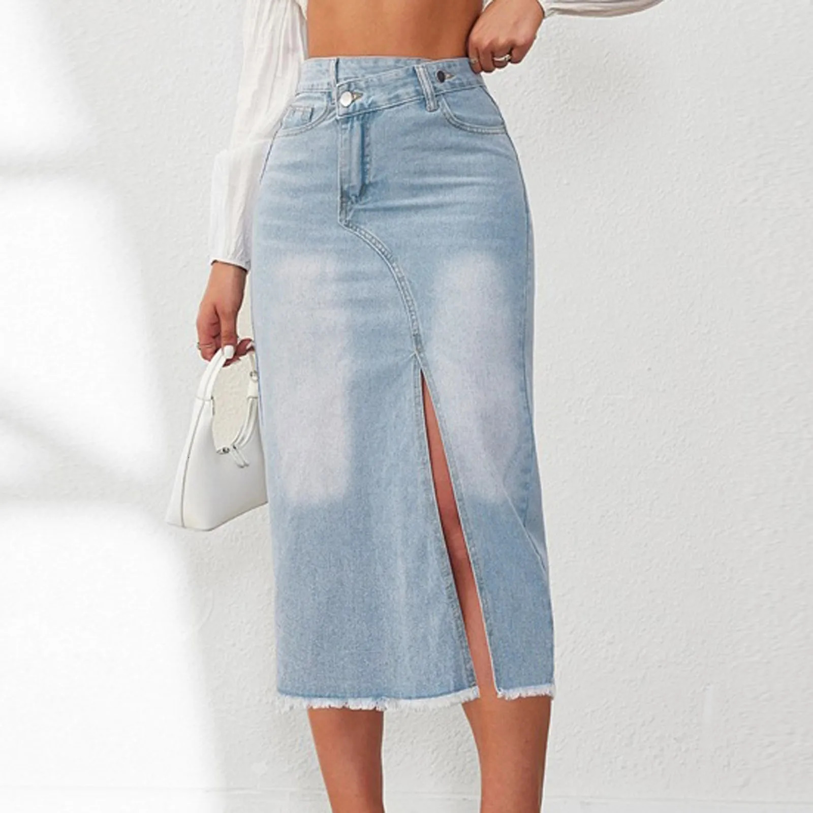 Women Mid Length Jean Skirt With Pockets High Waist Front Split Bodycon Striaght Skirts Washed Light Color 250516Z