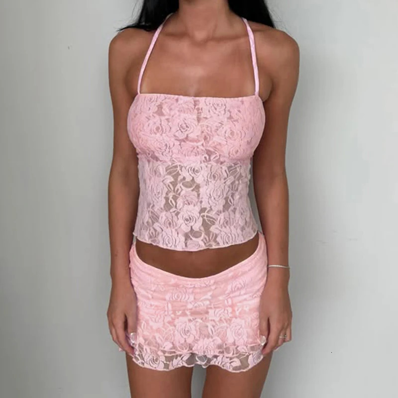 Rockmore Floral Lace Mesh Sheer Camis Vintage Spaghetti Strap Top Women Summer Sleeveless Vest Y2K Fairycore Backless Crop Tops 250523
