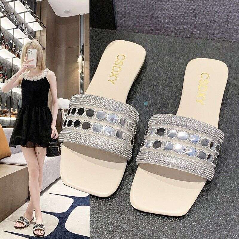 Comfortable Flat Bottomed Sandals For Women One Line Women's Sandals 2025 New Summer Designer Sandals Plus Size Fashionable Rhinestone Slippers F