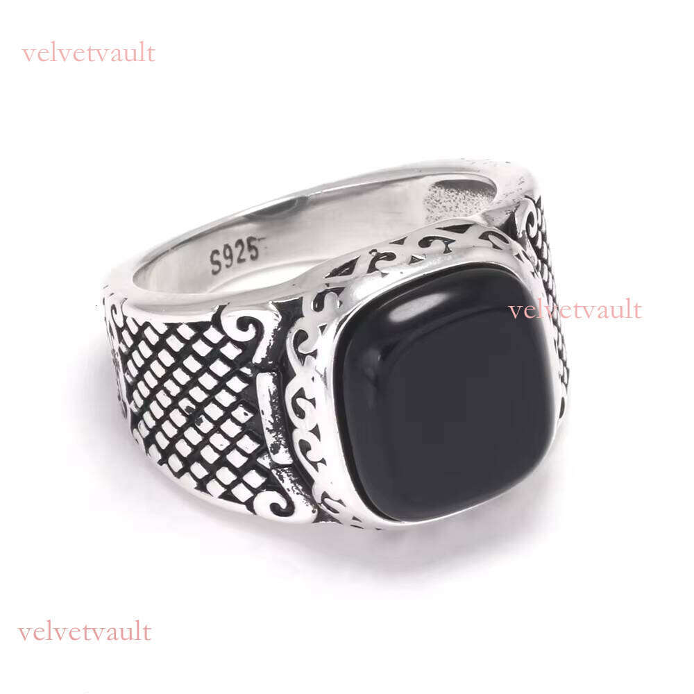 Sterling Sier Black Onyx Stone Signet Ring for Men Vintage Retro Pattern Turkish Pinky Rings Punk Rock Trendy Jewelry