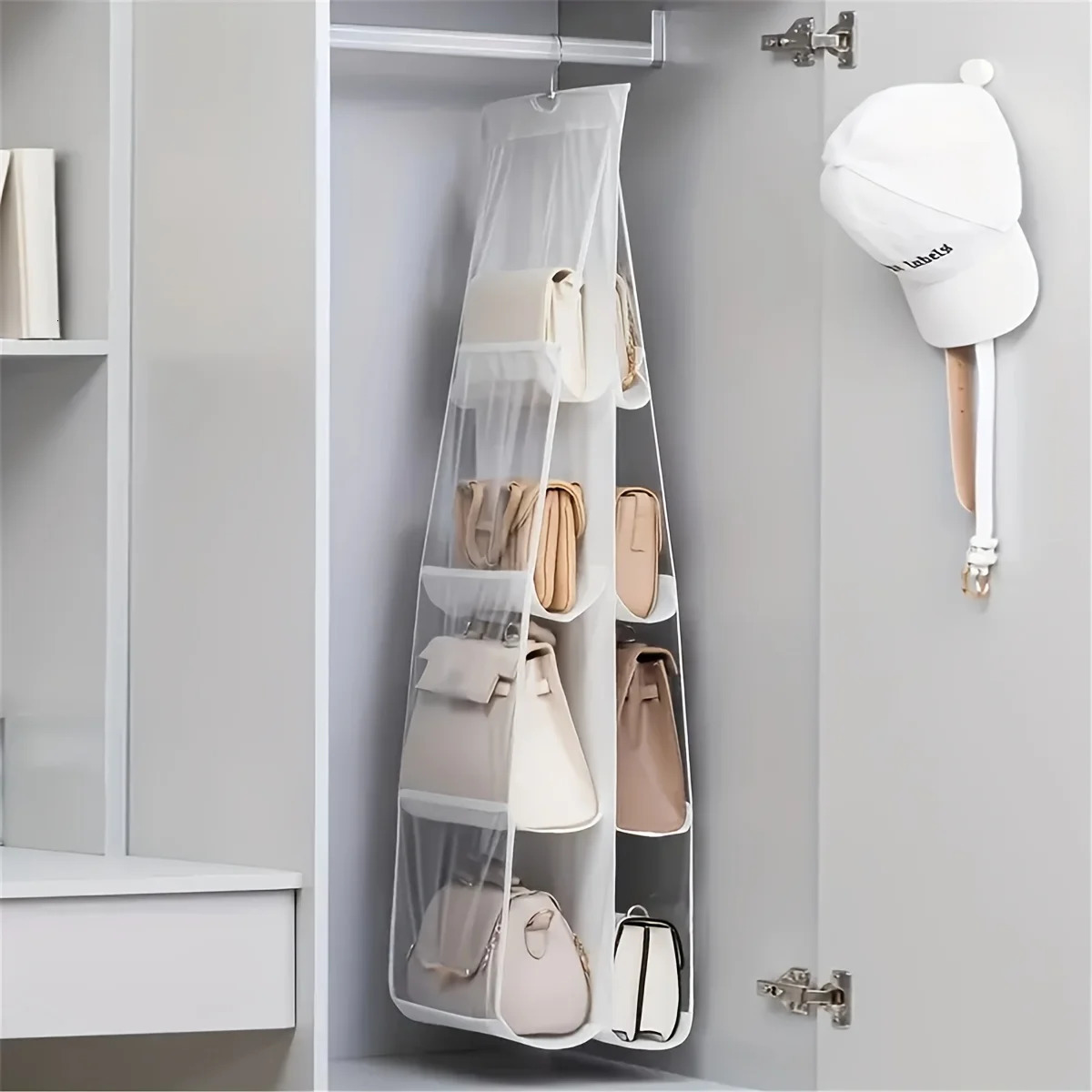 1pc 6/8 Grids Space Saving Bag Organizers Multi Layer Hanging Handbag Purse Organizer For Wardrobe Closet Bag Storage Holder 250526