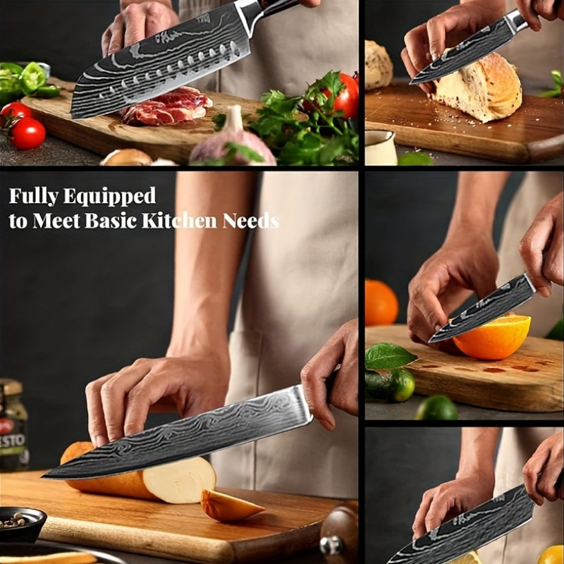 High-quality knife set includes an ultra-sharp Damascus steel chef's knife, multi-purpose knife, bread knife, and peeler, perfect for slicing mea