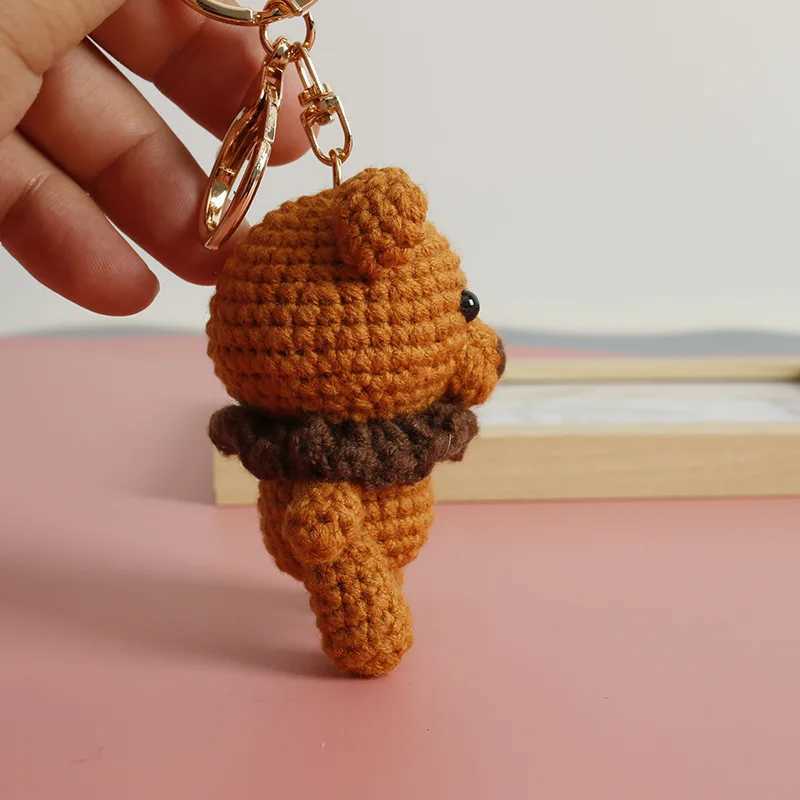 Cute Brown Bear Doll Crochet Keychain Creative Knitting Bow Knot Small Bear Keychain For Bag Pendant Knitted Doll Accessories W250526