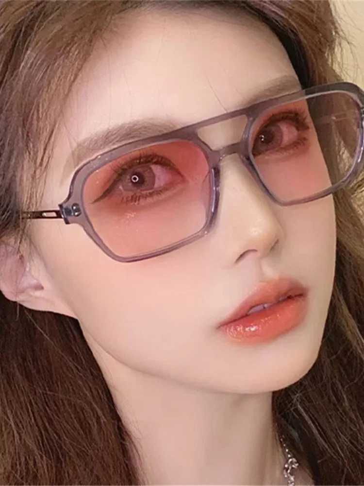Retro Double Bridges Sunglasses Women Fashion Pink Gradient Eyewear Trending Hollow Leopard Blue Square Sun Glasses Men Shades Z250527
