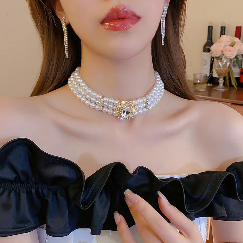 Crystal Rhinestone Oval Multi Layered Beaded Pearl Chokers Necklaces for Women Charms Temperament Elegant Necklace Jewelry 250522