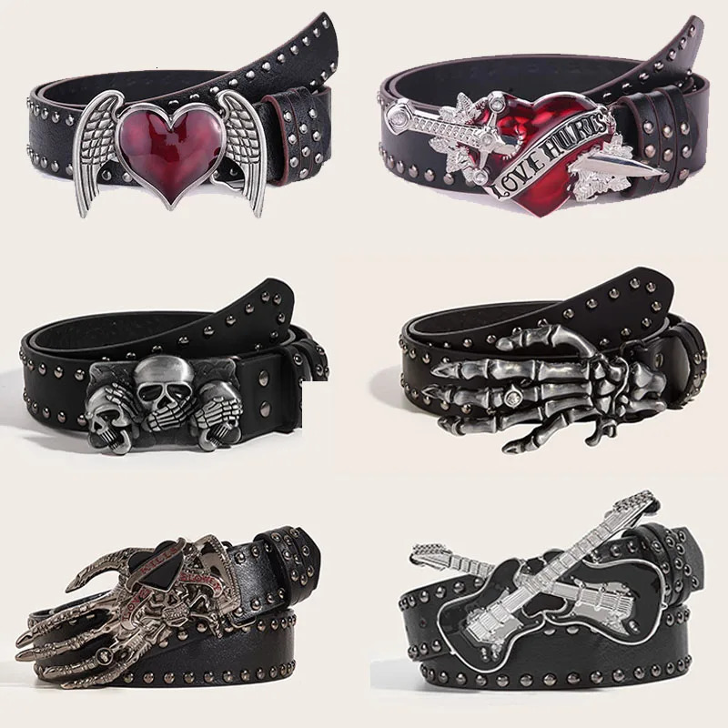 Gothic Y2K Women Men Belts Goth Ladies Cowboy Hip hop Punk Rivet Skeleton Print Waist Belt Jeans Waistband 250520