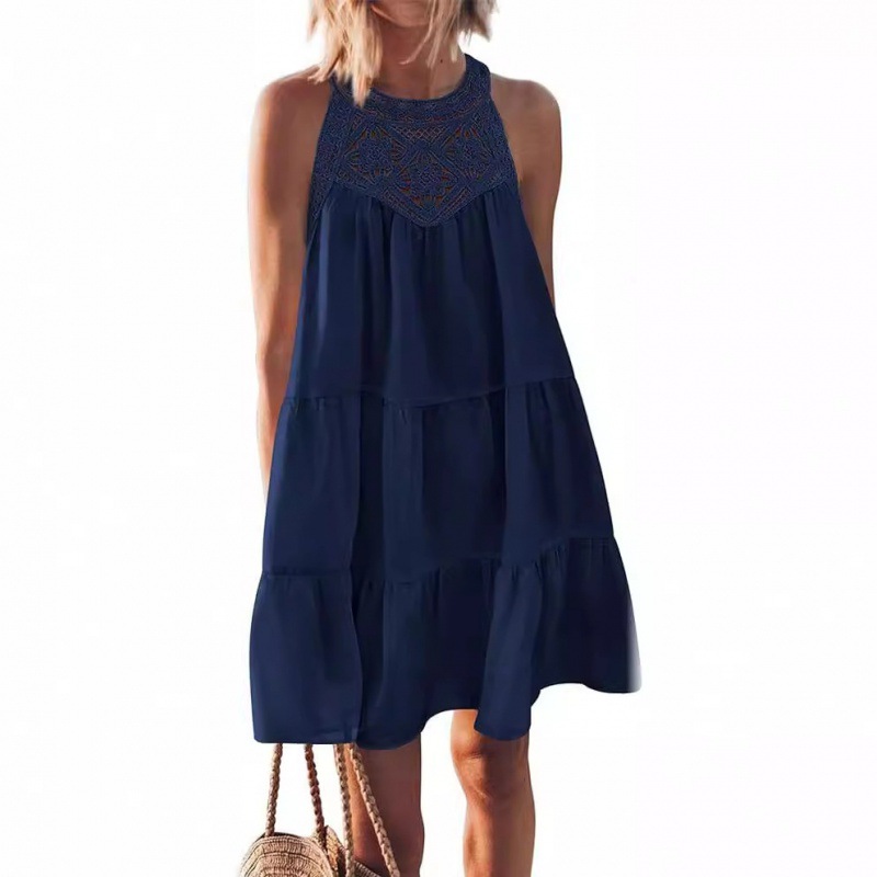 Explosive hollowed out lace patchwork hanging neck A-line dress