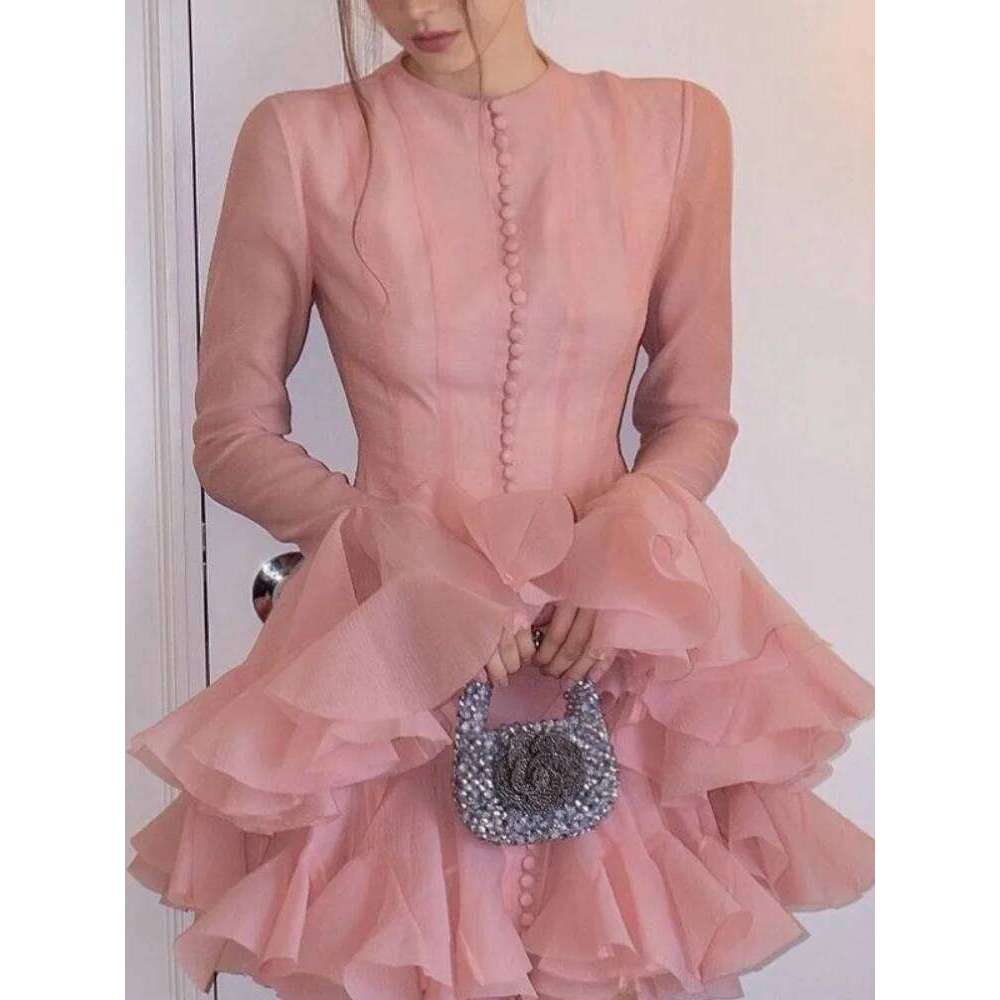 Elegant Single Breasted Ruffles Mini Dress Women Chic Flared Sleeve High Waist O-neck Vestidos 2025 Lady Party Gowns New