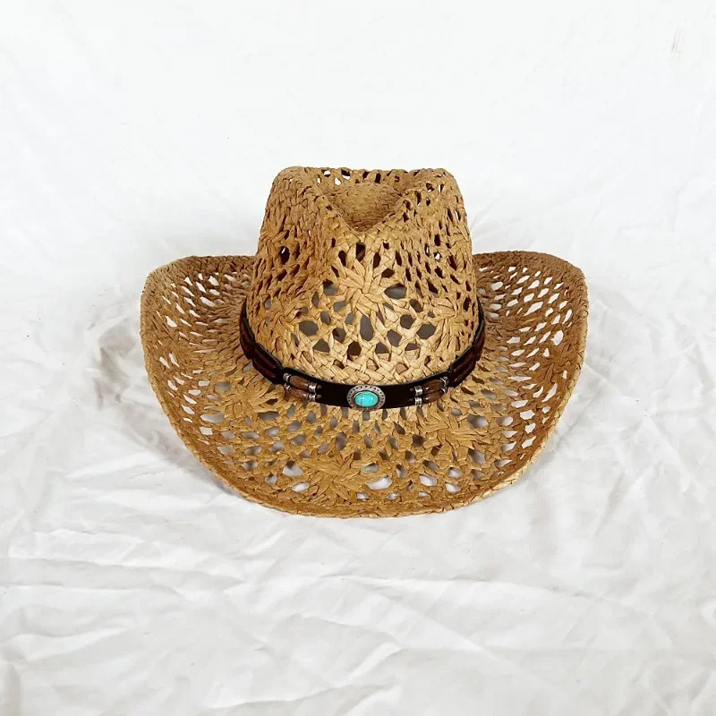 Summer Womens Mens Ethnic Style Western Cowboy Straw Hat Punk Style Handmade Hollow Sun Hat Rolled Edge Sunscreen Beach Cap 250526