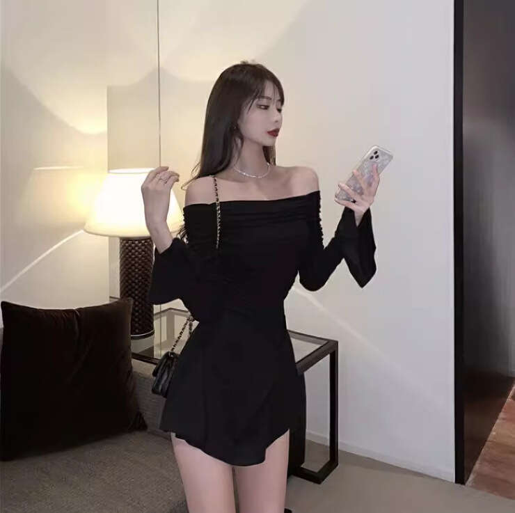 Spring and Autumn New Pure Desire Style Women's Spicy Off-Shoulder Ruched Slimming Flared Long Sleeve A-Line Dress