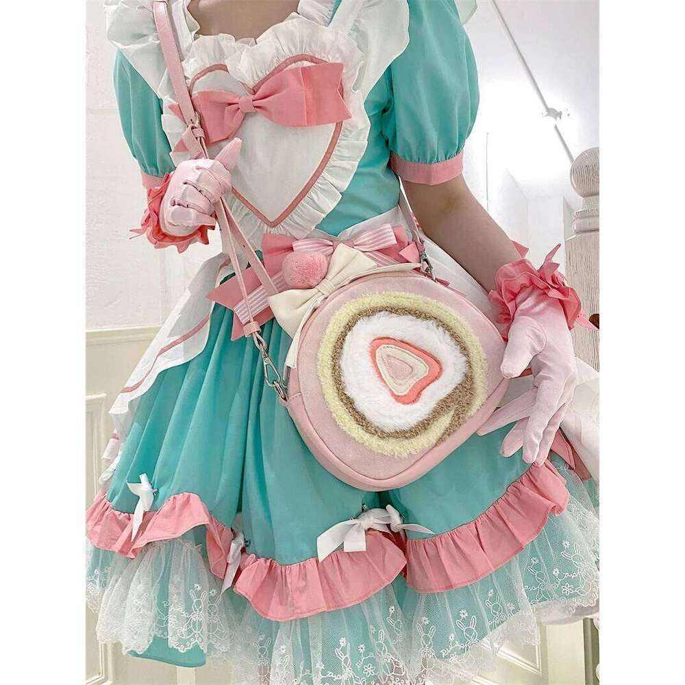 JIAERDI Soft Plush Strawberry Cake Roll Crossbody Women Sweet Kawaii Pink Lolita Bag Girl Large Capacity Bow Backpack Female