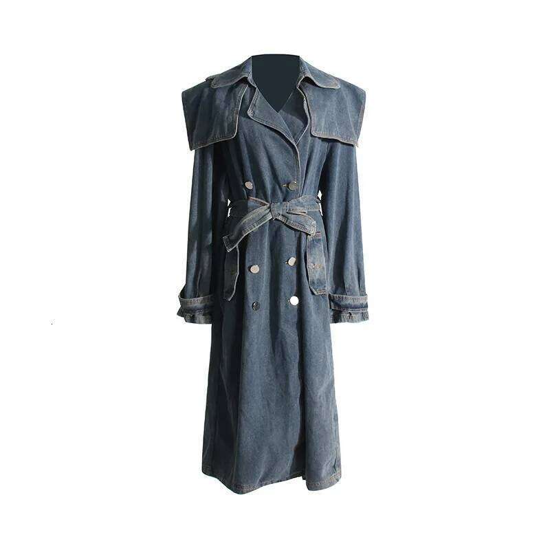 Women Denim Trench Coats Office Lady Sleeves Lace Up Pockets Loose Long Jackets 2025 Spring Jacket Y2k Streetwear