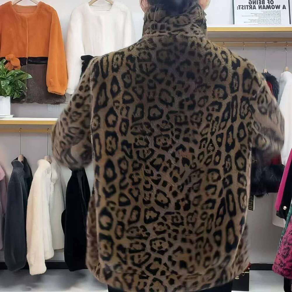 Faux Mink Fur Coat for Women, Single Breasted Jacket,Leopard Print Overcoat,Female Tops, Designer Clothes New, Winte,2024