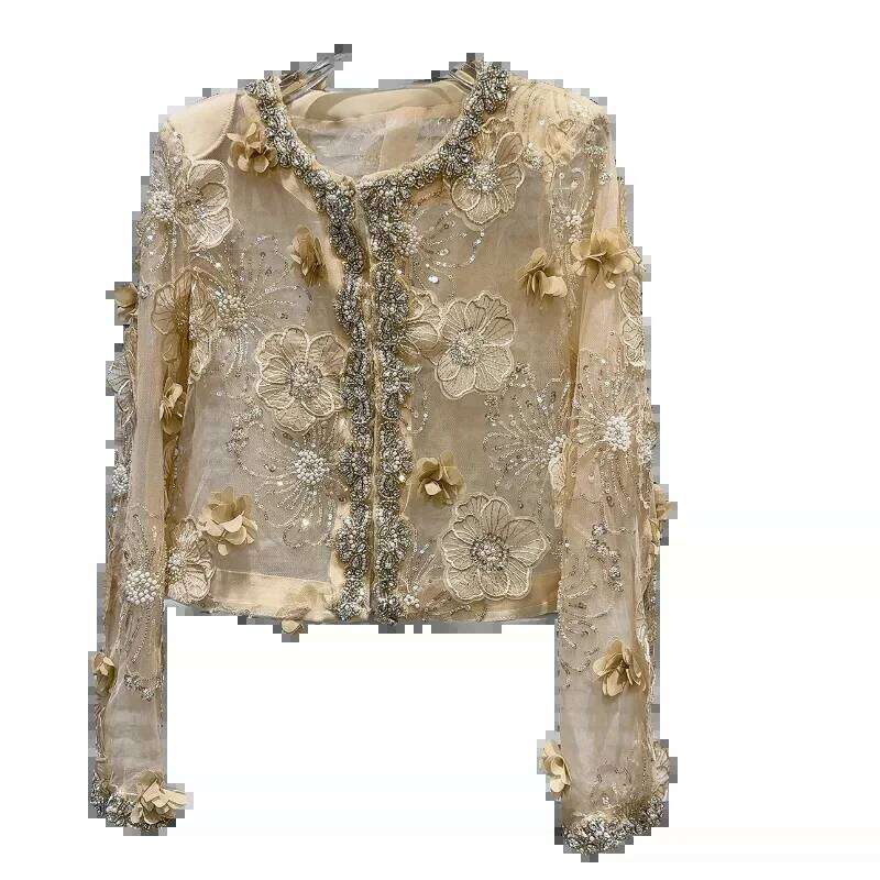 Women 3D Flowers Mesh Spliced Pearls Beaded Coat Sun Protection Thin Floral Embroidery Sequins Gauze Jacket Cardigan Tops