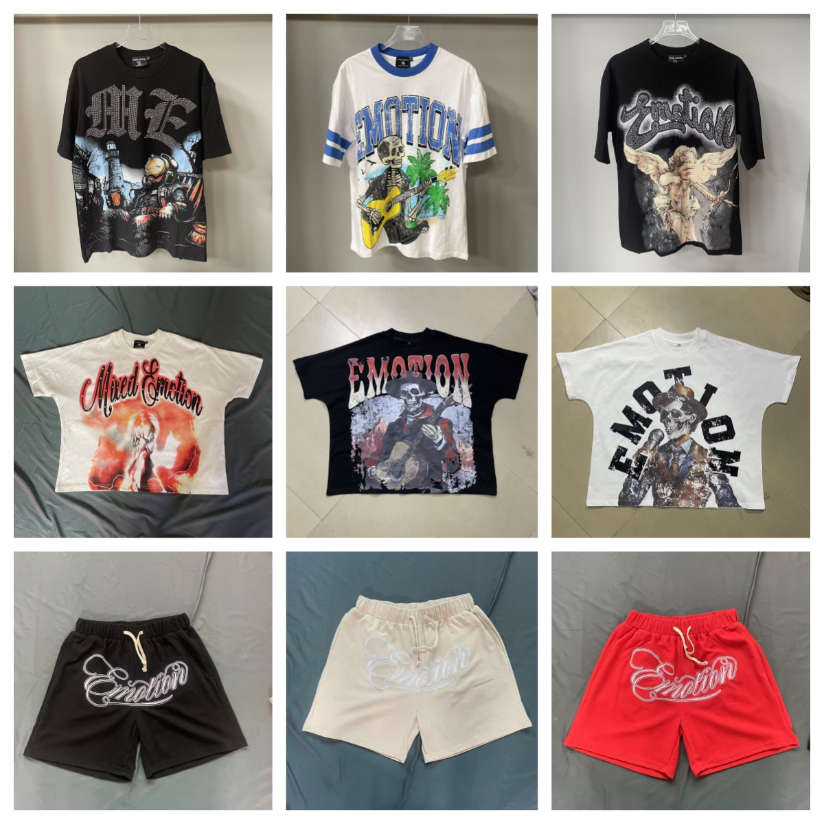 mixed emotion Men's shirts shorts Boxy Fit Clothing MIXED EMOTION Skulls Print Shirt Summer Breathe clothes Men Women High QualityCasual T-shirt Tops S-XL