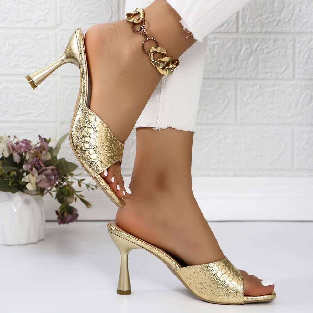 Summer Rhinestone New Woman Designer Sexy High Heels Shoes Gold Sier Women Slippers Heeled Sandals